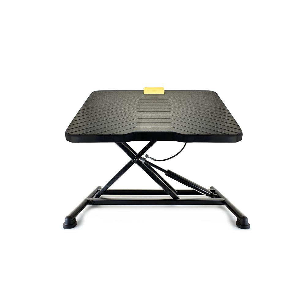 Ergoapt Pro footrest, black, front view with yellow release button and X-frame.