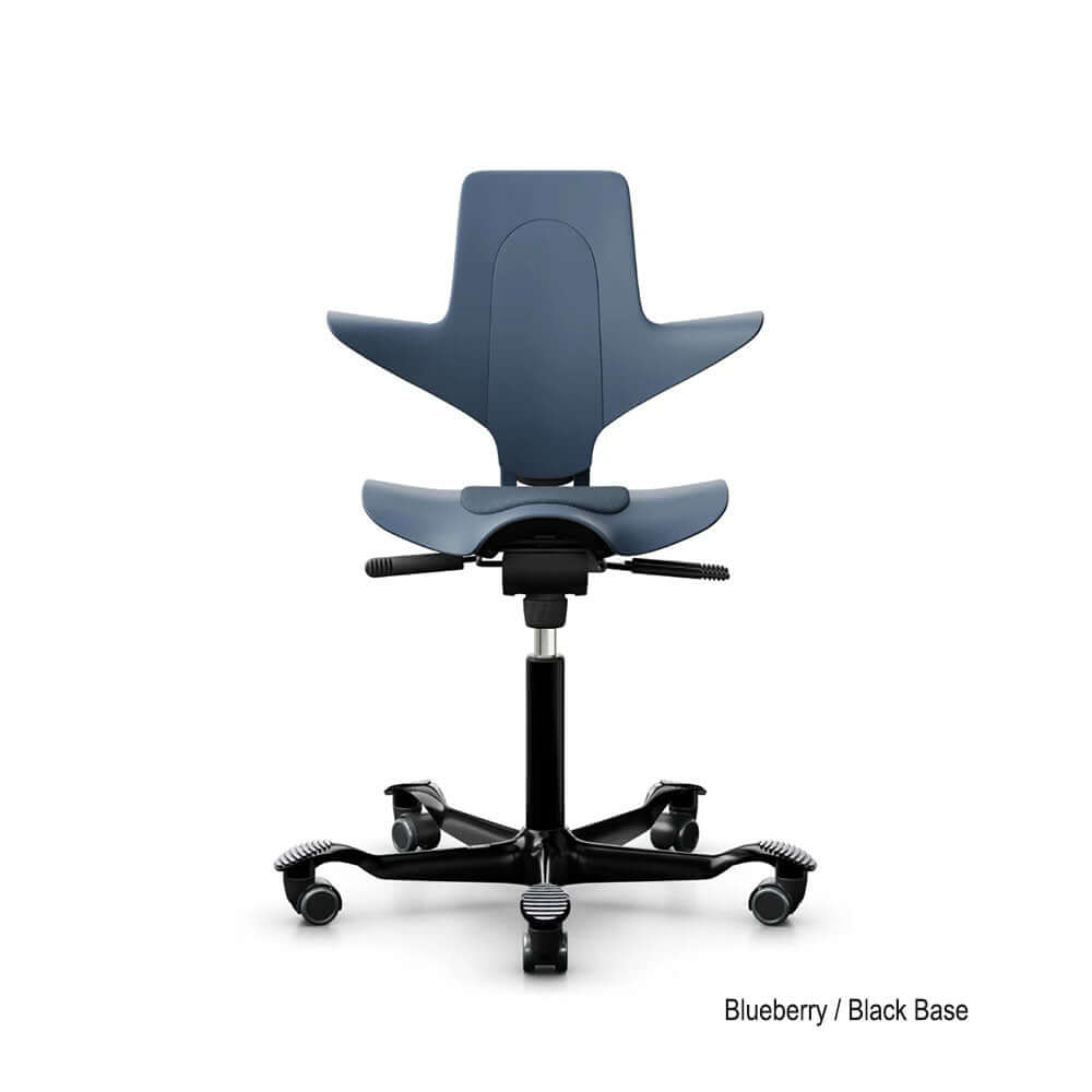 HÅG Capisco Puls saddle chair, blueberry upholstery with black base, front view.
