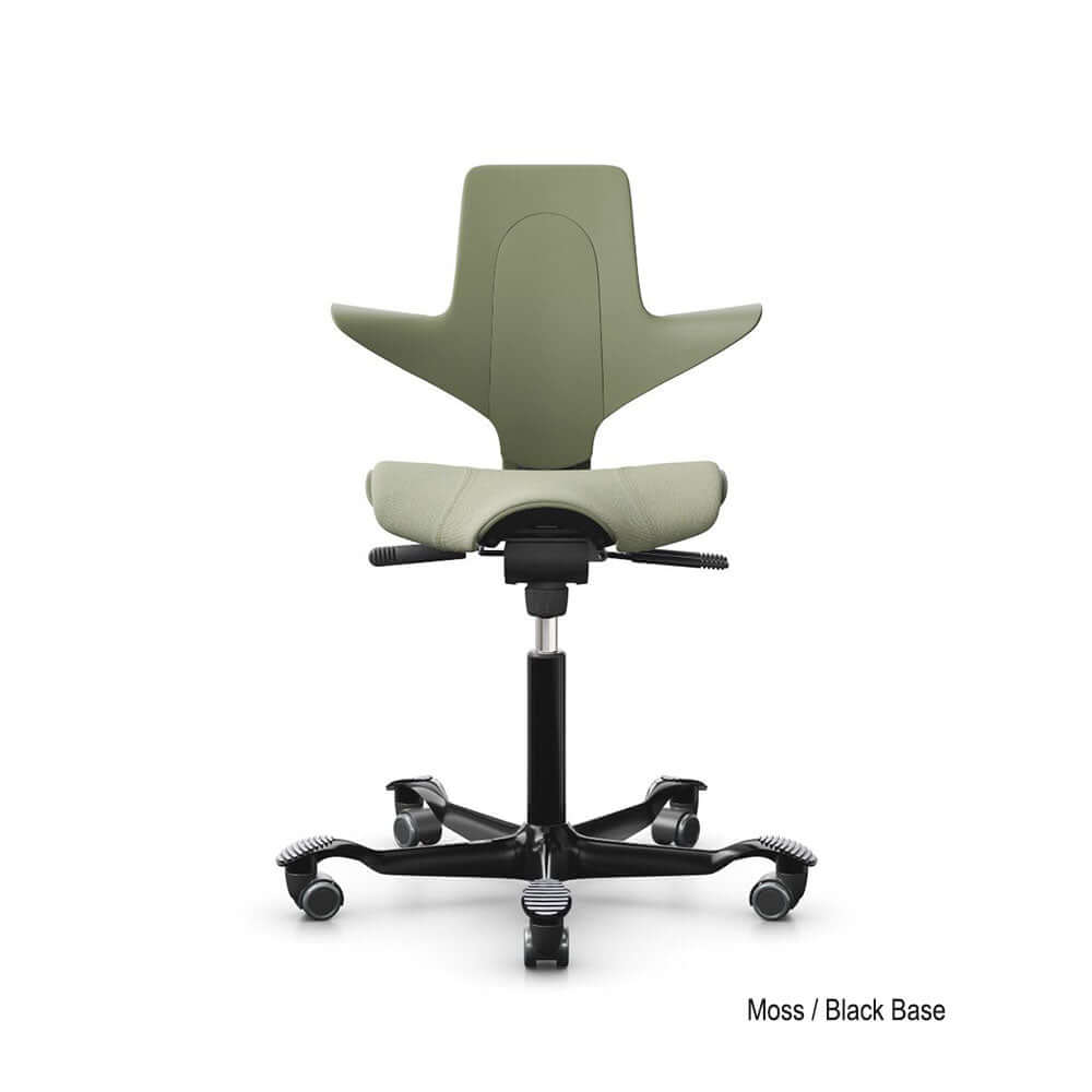 HÅG Capisco Puls 8020 saddle chair, moss green with black base, front view.