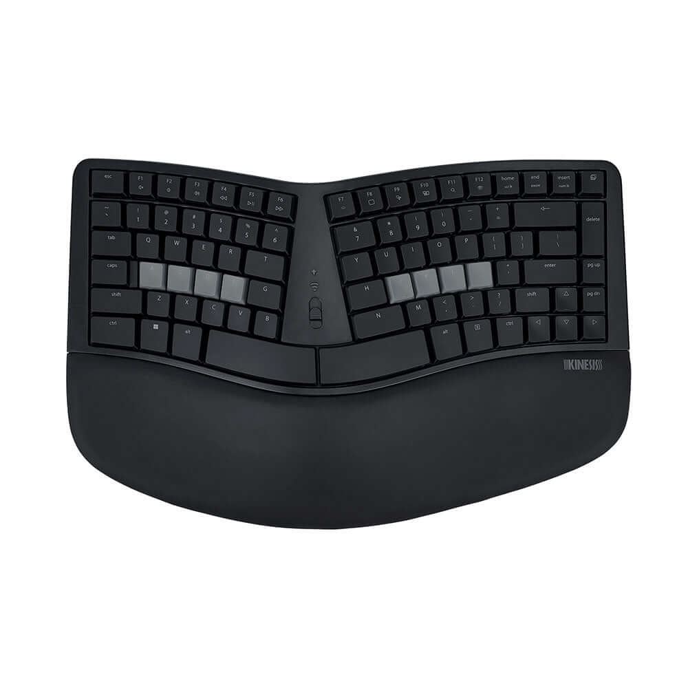 Kinesis mWave split keyboard, black, top-down view with wrist rest and grey home row keys.