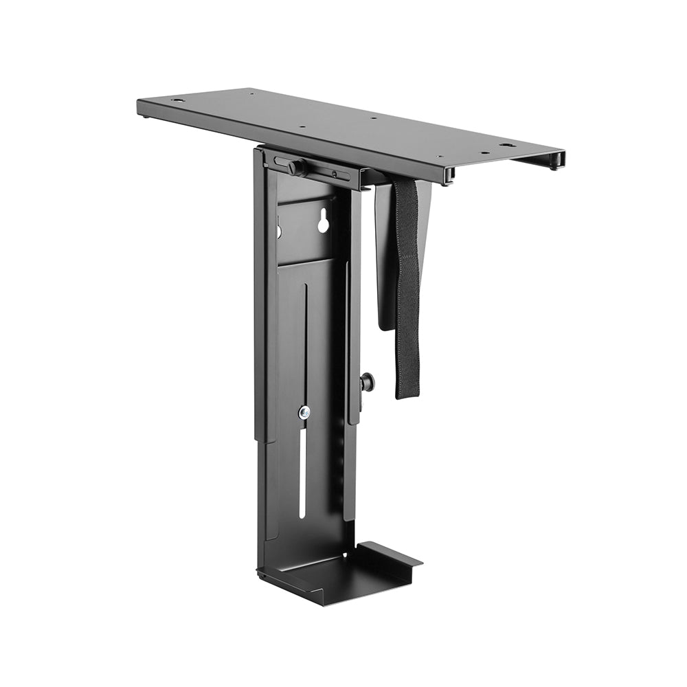 Mobel adjustable CPU holder, black, high-angle studio view with mounting plate.